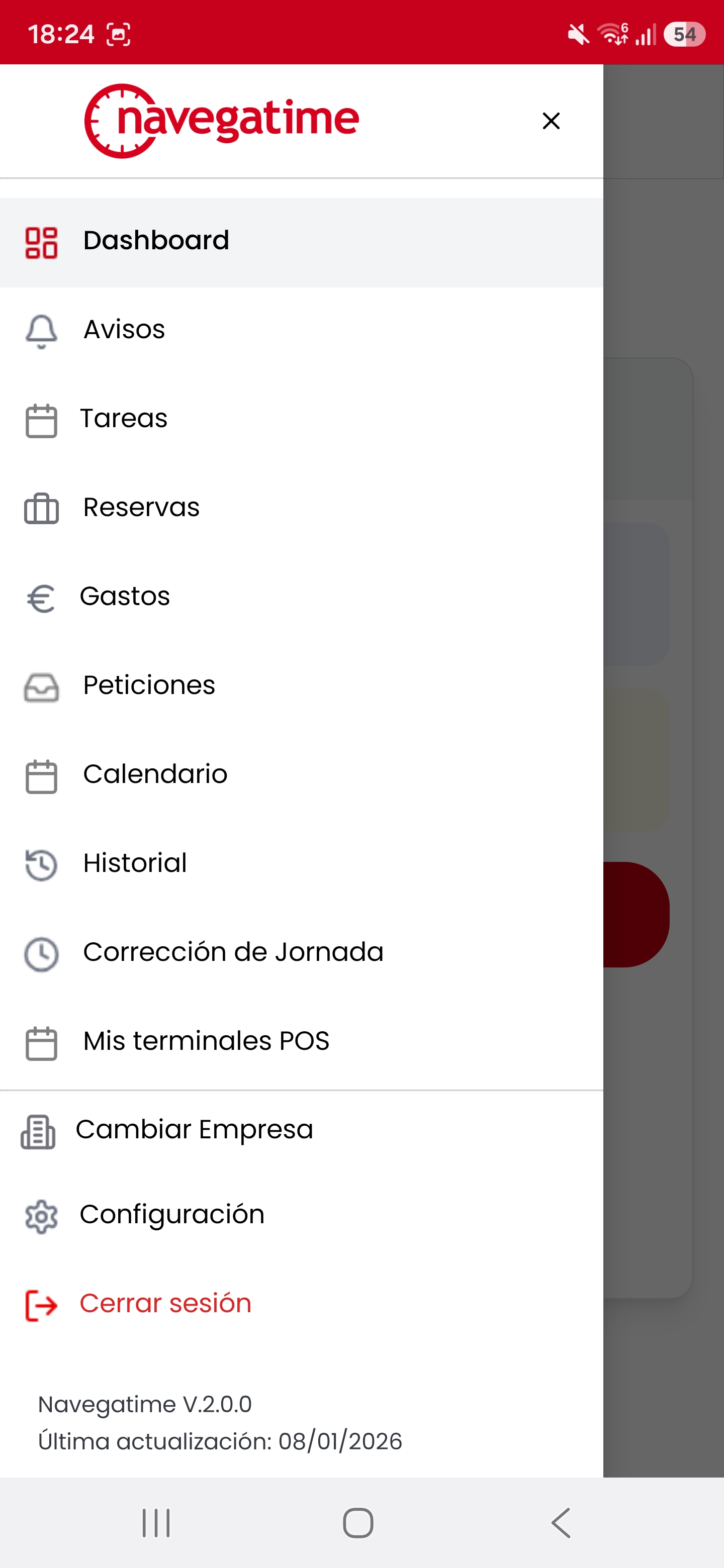 Menú principal de NavegaTime
